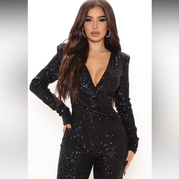 Fashion Nova Samantha Sequin Jumpsuit - Black 1X - Picture 5 of 6